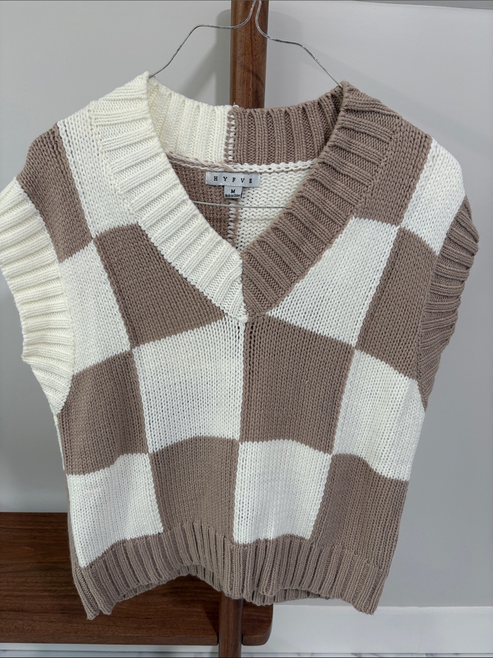 HYFVE Cream and Taupe Checker V-Neck Sweater